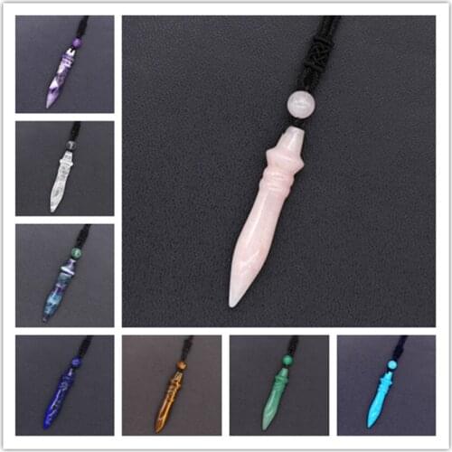 Trendy-beads Rose Pink Quartz Bullet Shape Pendant with Round Beads Necklace Rope Chain Fluorite Stone Jewelry