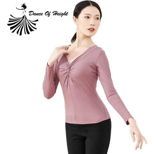 New Womens Modern Dance T Shirt V Neck With Twisting Front Long Sleeve Dance Wear Solid Slim Fit Yoga Top Blouse Cheapest Sales