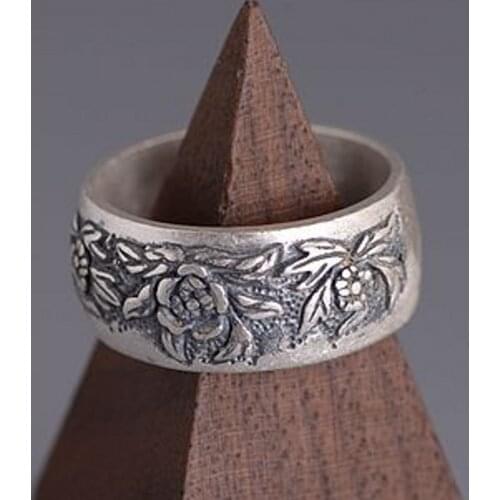 New 100% solid 990 pure silver woman ring, elegant and elegant peony flower, wide face ring, retro Thai silver matte female ring