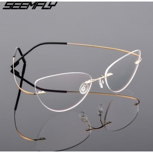 Seemfly Cat Eye Glasses Vintage Women Rimless Ultralight Clear Lens Eyeglasses Titanium Alloy Ladies Spectacle Plain Mirror New