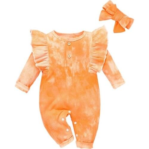 Autumn Baby Girl Ruffled Long-sleeved Tie-dye Pit Strip One-piece Romper Infant Headband Outfits New