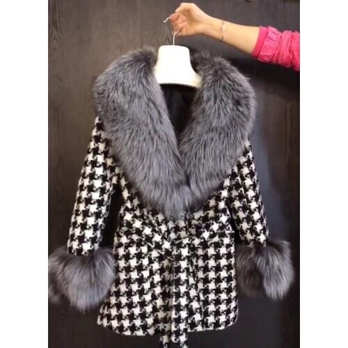 Fox Fur Coat Women Long Woolen Jacket Female Fashion Plaid Outwear Natural Silver Fox Fur Collar And Cuffs 2021 Hot Sale