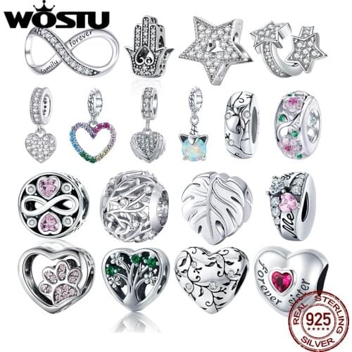 WOSTU Authentic 925 Sterling Silver Zircon Heart Beads Charms Pendant Fit Bracelets Women Party DIY Fine Jewelry Gift Making