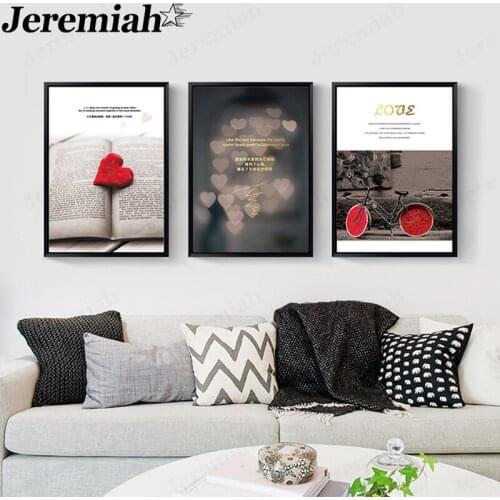 Simple Red Heart Canvas Painting Bicycle Letter Poster Wall Art Nordic Home Living Room Decoration Accessories Gift