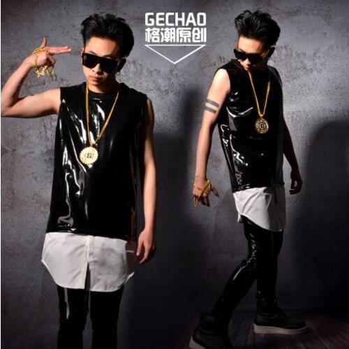 S-5xl New Men White Black Spliced Pu Leather Sleeveless Fitted Fake Two Pieces Clothing Bar Nightclub Djds Singer Stage Costumes