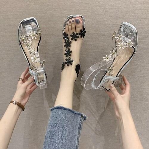 Clear Heel Sandals Womens 2021 Summer High Heel Sandals Flower Rhinestone Thick Heel PVC Woman Pumps Ankle Strap Sandals