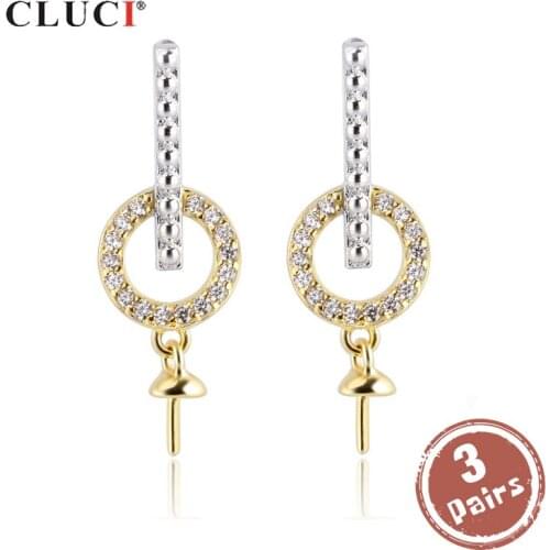 CLUCI 3 pair Real Silver 925 Fashion Zircon Stud Earring for Women Party Gold Color Pearl Earring Mounting Jewelry SE132SB