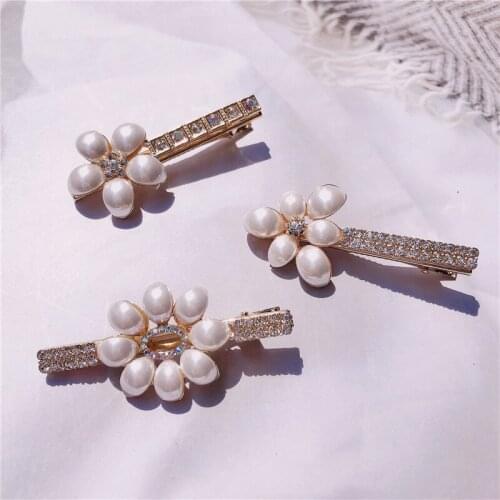 Temperament Beautiful Rhinestones Imitation Pearl Flower Duckbill Clip Fashion Sweet Girl Womens Hairpins Hair Accessories