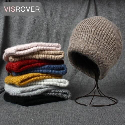 VISROVER Rabbit Cashmere unisex Woman Winter Hat With Lurex Sequin Autumn Beanies With Pompom Cashmere Woman Warm Wool Skullies