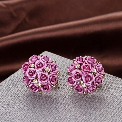 Girls Flower Earrings Rose Flower Metal Stud Earrings Women Fashion Earrings Rhinestone Stud Earring Jewelry Brincos