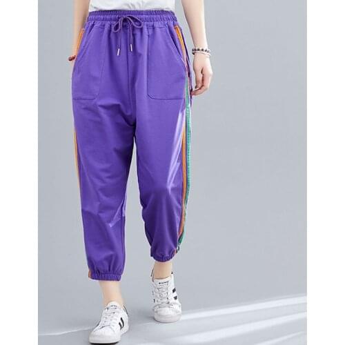 100% Cotton Women Casual Sweatpants New Arrival 2021 Summer Simple Style Striped Loose Female High Waist Calf-length Pants S3547