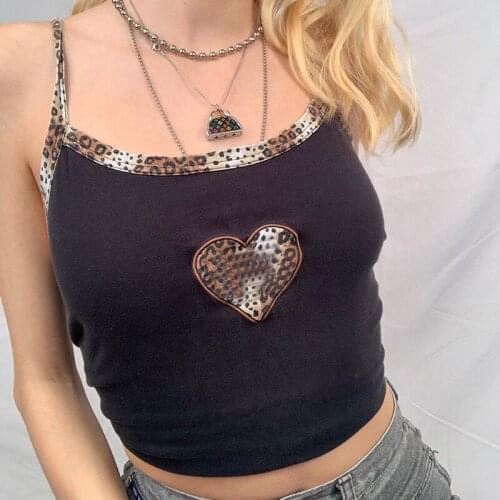 Summer Cute Leopard Heart Print Crop Tops Y2K Aesthetic Women Sexy Harajuku Retro Cotton Brown Strappy Cami Top Vintage Clothes