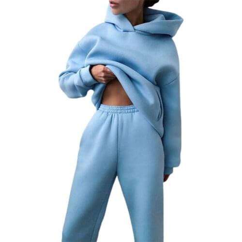 2021 Tracksuit Long Sleeve Sweatshirt Warm Women Solid Color Hoodie Pants Outfit for Autumn Two Piece Workout Clothes Set