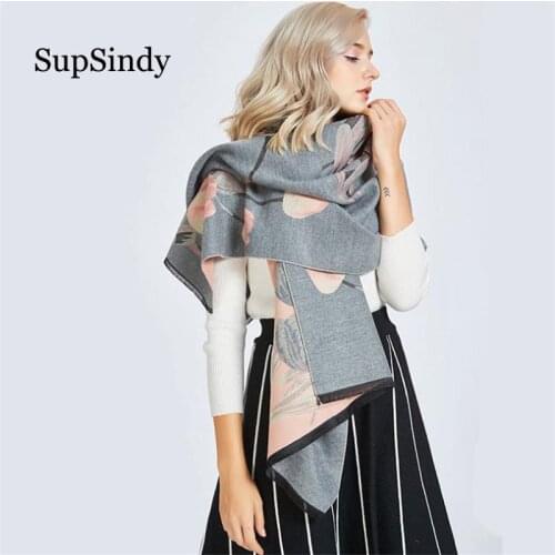SupSindy Women Winter scarf Thick soft warm Cashmere wool scarf for women luxury brand fashion Tulip Flowers Shawl Scarves Gray