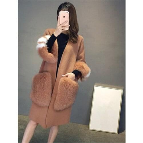 100%mink cashmere knit colorful fox fur spliced women fashion long cardigan sweater coat khaki brown 4color S/M/L