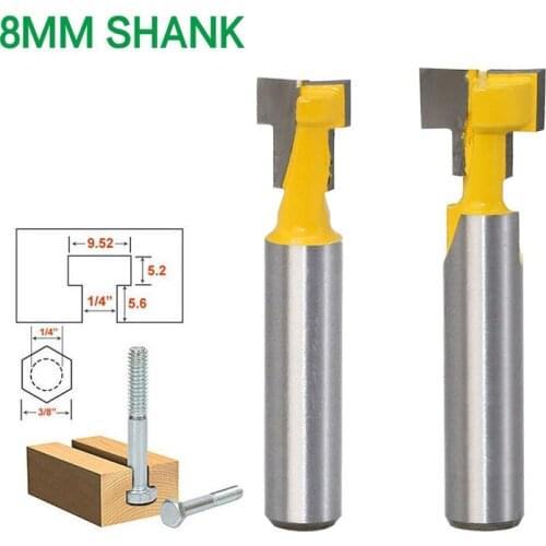 Woodworking Milling Cutters 8mm Shank T-Slot Cutter Router Bit Tools For Standard 1/4"" Hex Bolts with 3/8"" wide hex-bolt caps