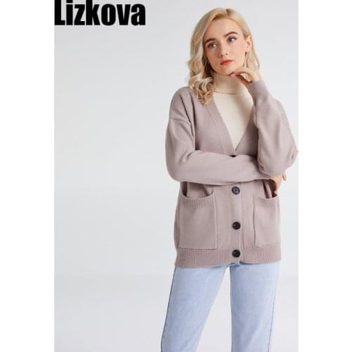 Lizkova Rib Knitted Cardigan Women V-neck Single Breasted Vintagel Sweater Coat 2021 Spring Drop Shoulder Pockets Cardigan Femme