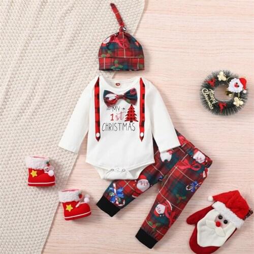 Three Piece Baby Boy’s Clothes Cartoon Christmas Print Long Sleeve Romper and Trousers with Hat for 0-18 Months