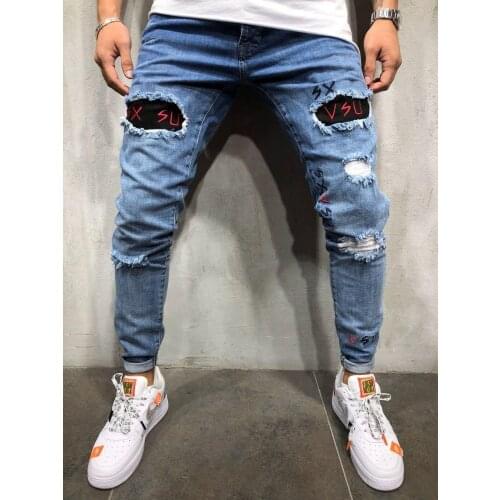 Europe and The United States Fashion Hot Hole Embroidery Mens Jeans Mens Leggings Boyfriend Jeans
