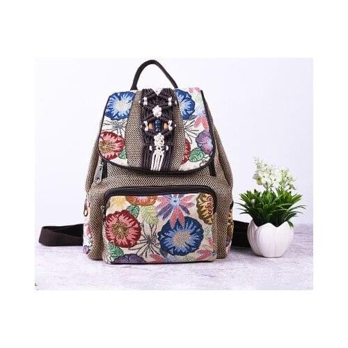 Fashion national String appliques women Shopping backpacks!Nice floral embossing lady Hasp backrack All-match canvas backruck