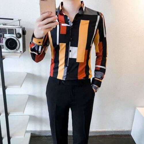 2021 mens color matching slim shirt spring Korean fashion handsome contrast shirt