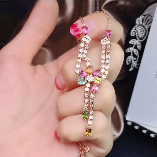 Natural Multicolor tourmaline Necklace Natural Gemstone Pendant Necklace S925 sliver trendy Tassels Flower women party Jewelry