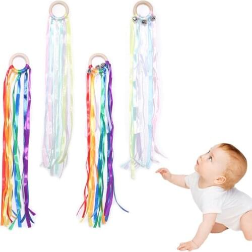 2020 New Rainbow Natural Wooden Ribbon Newborn Sensory Bell Toy Shower Gifts Dancing Prop