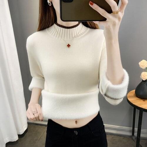 New Fashion Plus Fleece Warm Sweater Women Autumn Winter Half-Turtleneck Knitted Bottoming Shirt Elasticity Long Sleeve Pullover