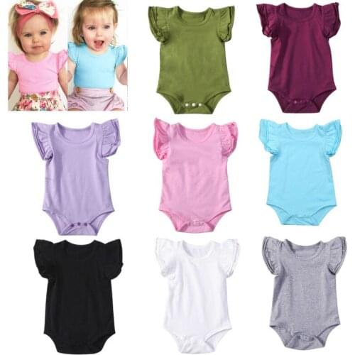 Newborn Infant Baby Girls Solid Bodysuits Ruffles Short Sleeve Cotton Bodysuit Jumpsuit Baby Outfits Summer 0-24M
