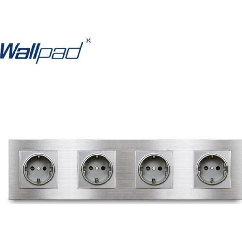 Silver Quadruple EU Plug Socket Wallpad Brushed Metal Frame 344*86mm 16A 220V Power Outlet Schuko German Socket