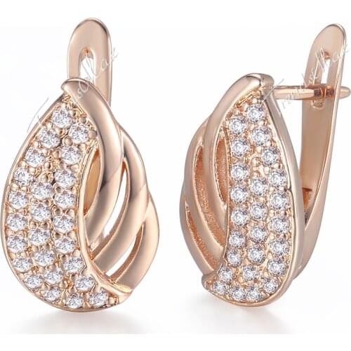 585 Rose Gold Filled Earrings For Women Leaf Shaped Paved Clear Cubic Zirconia Stud Earrings Fashion Jewelry GE170
