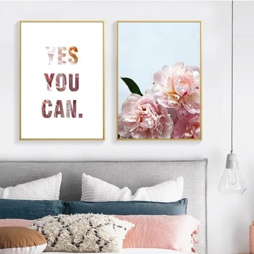 Modern Fashion Pink Peony Floral YES YOU CAN Quotes Canvas Painting Wall Art Posters Prints Picture Bedroom Interior Home Decor