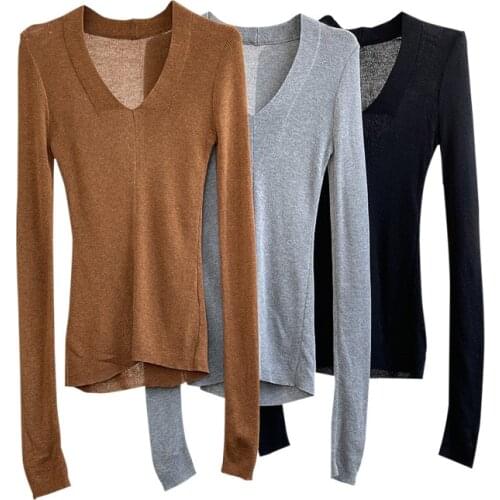 Slim V Neck Sweater Women Wool Blended Knitted Pullover Sweaters Autumn