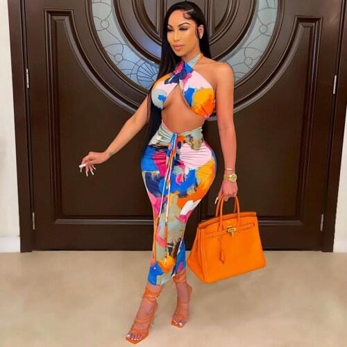 TYJTJY Printed Halter Top And Ruched Skirt Sets Sexy Midnight Club Two Piece Outfits For Women Bandage Party Wear Matching Set