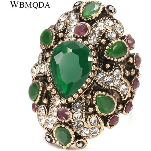 Wbmqda Vintage Cross Bride Wedding Rings For Women Green Crystal Antique Gold Color Party Cocktail Ring Boho Punk Jewelery