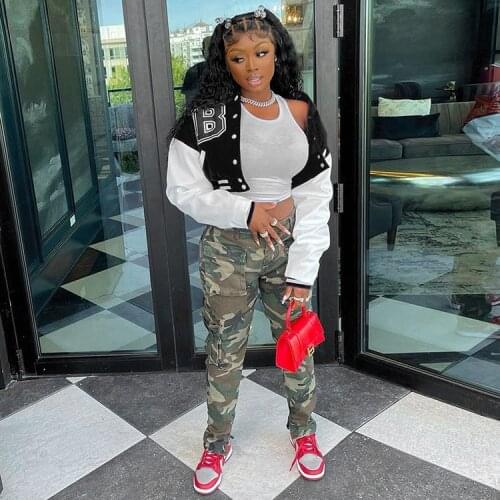 SSEURAT Letter Print Patchwork Baseball Jacket 2021 Autumn Clothes Women Hip Hop Streetwear Cropped Coat