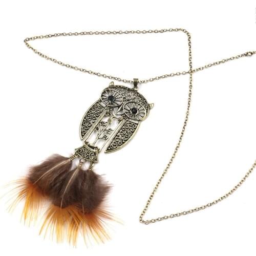 Women Bohemian Ethnic Long Chain Owl Feather Pendant Dream catcher Necklace Choker Boho Clothing Jewelry Accessories