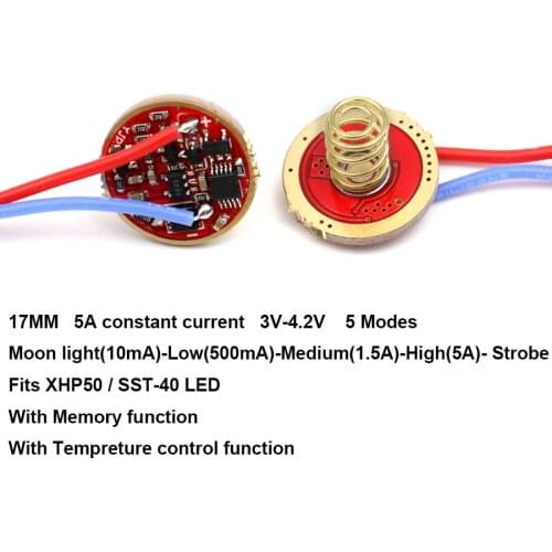 17mm 3V - 4.2V 5A 1 cell 5-Mode Driver Circuit Board for Cree 3V XHP50.2 Luminus SST-40 LED Mode memory Reverse connect protect
