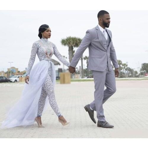 2021 Gorgeous Jumpsuits With Detachable Train Wedding Dresses High Neck Beads Crystal Long Sleeves Modest Wedding Dress African
