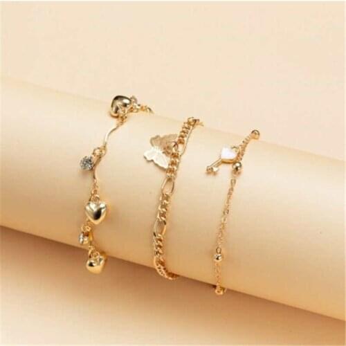 3PCs/set Sliver Keys Design Ankle Bracelets Women Sandals Simple Butterfly Heart Pattern Foot Chain Gift