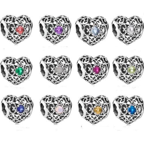Free shipping 925 Sterling Silver Signature Heart Birthstone Charm Fit Original Bracelet For Women DIY Jewelry S925 Beads