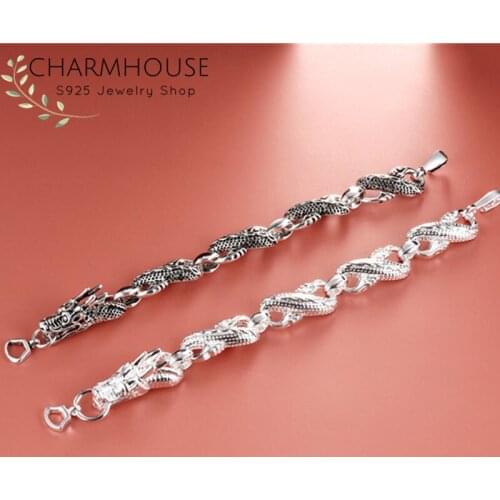 Charmhouse Pure Silver Bracelets For Man Dragon Chain Bracelet Cuff Bangle Pulseira Wristband Retro Jewelry Accesories Bijoux