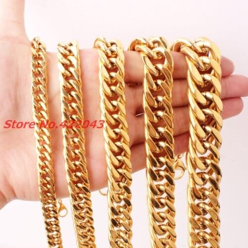 7-40" 6/8/10/12/14/16/18/21mm Heavy Gold color 316L Stainless Steel Mens Curb Cuban Chain Necklace Top Quality