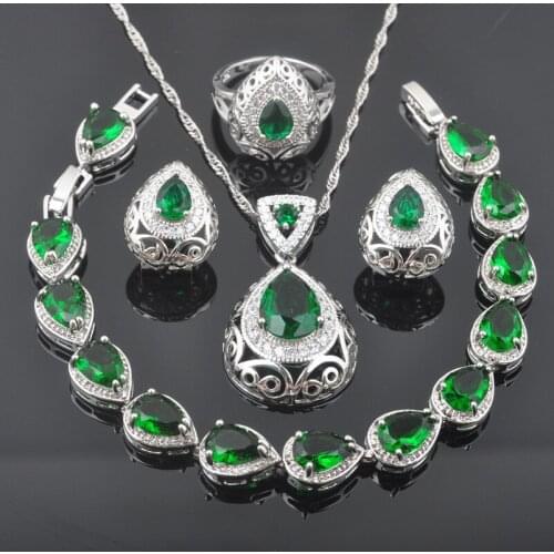 AAA Quality Green Cubic Zirconia Silver Color Jewelry Sets Women Costume Earrings/Necklace/Bracelet/Ring Best Gift QS213