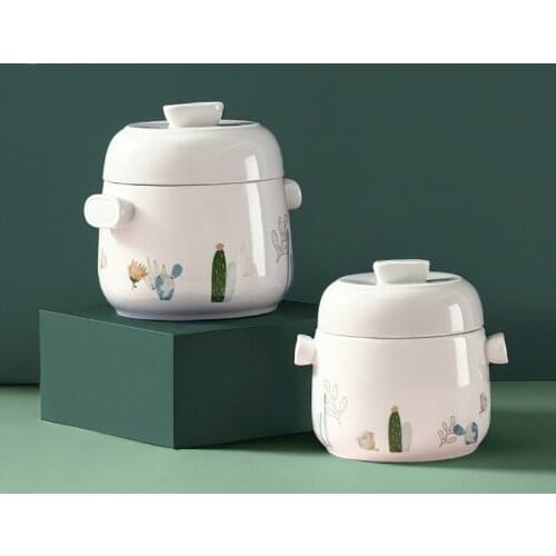 Creative Double Cover Double Ear Plants Relief 2 Size Round Ceramic Stew Pot Household Kitchen Supplies Waterproof Stew Pot