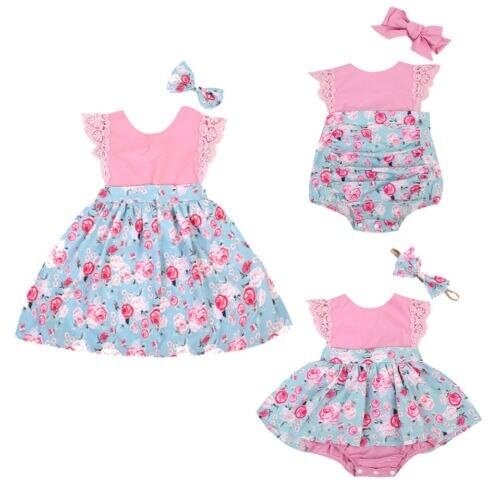 Cute Family Matching Outfits Baby Girls Kids Cotton Floral Printed Princess Dress Lace Bodysuit Summer Dresses with Headband