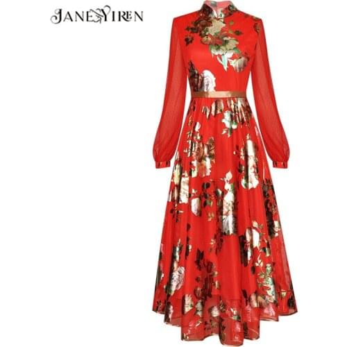 Jianyiren Fashion Designer dress Spring Autumn Womens Dress Stand collar Long sleeve Floral-Print Elegant Dresses