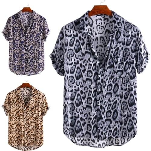 2020 Spring Autumn Fashion Men Summer Short Sleeve Leopard Print Button Lapel Shirt Loose Blouse Streetwear