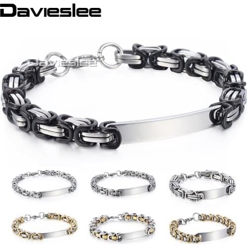 Davieslee Free Engraving Service Mens ID Bracelet Stainless Steel Byzantine Box Chain Gold Black Silver Color 5/6/8/10mm LKBM152
