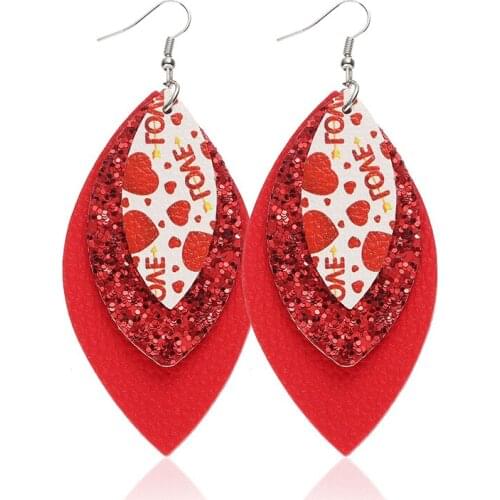 New Teardrop Red Heart Glitter Buffalo Plaid Layered Leather Earrings Multilayer Printed Feather Earrings Valentines Gifts